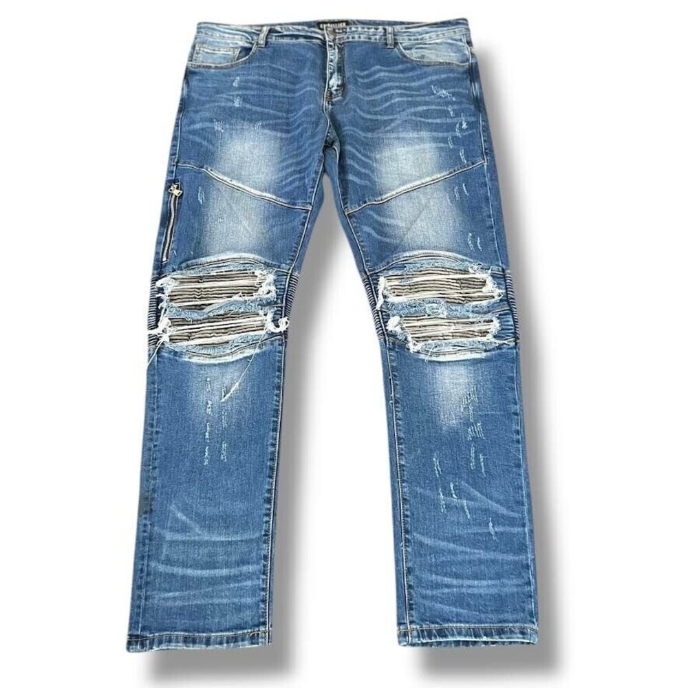 Embellish NYC Jeans Size 42 x 33 Blue Distressed Biker Denim Moto Zipper Pocket